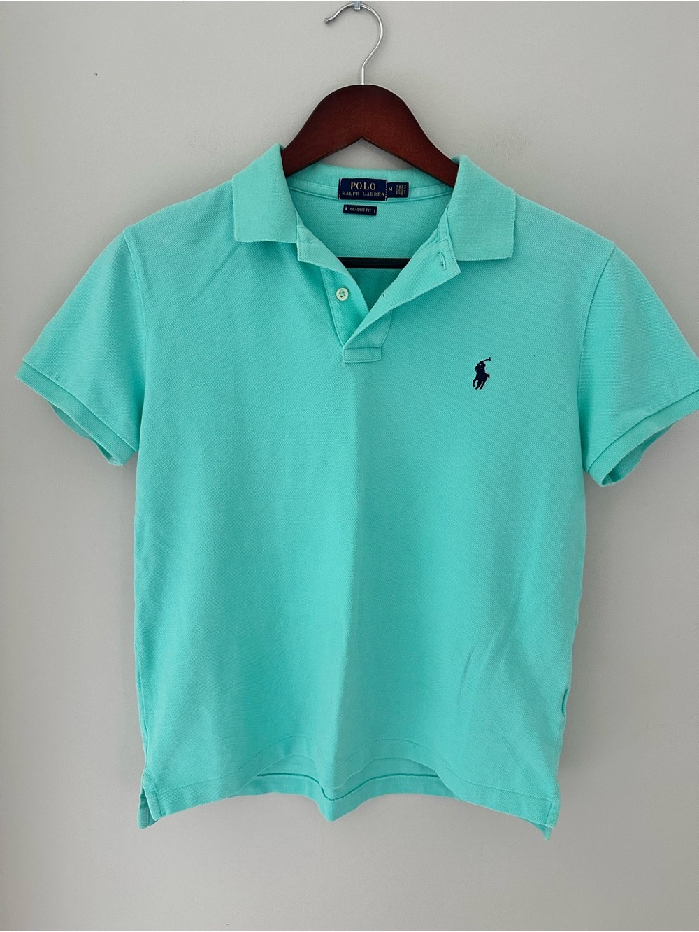 Ralph Lauren Women’s Aqua Polo Shirt with Navy Logo Classic Fit Sz M